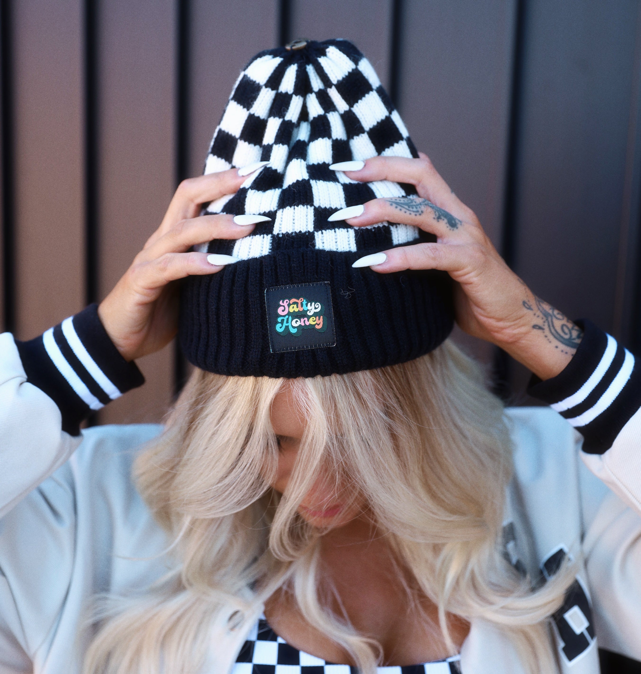 CHECKERED POM BEANIE