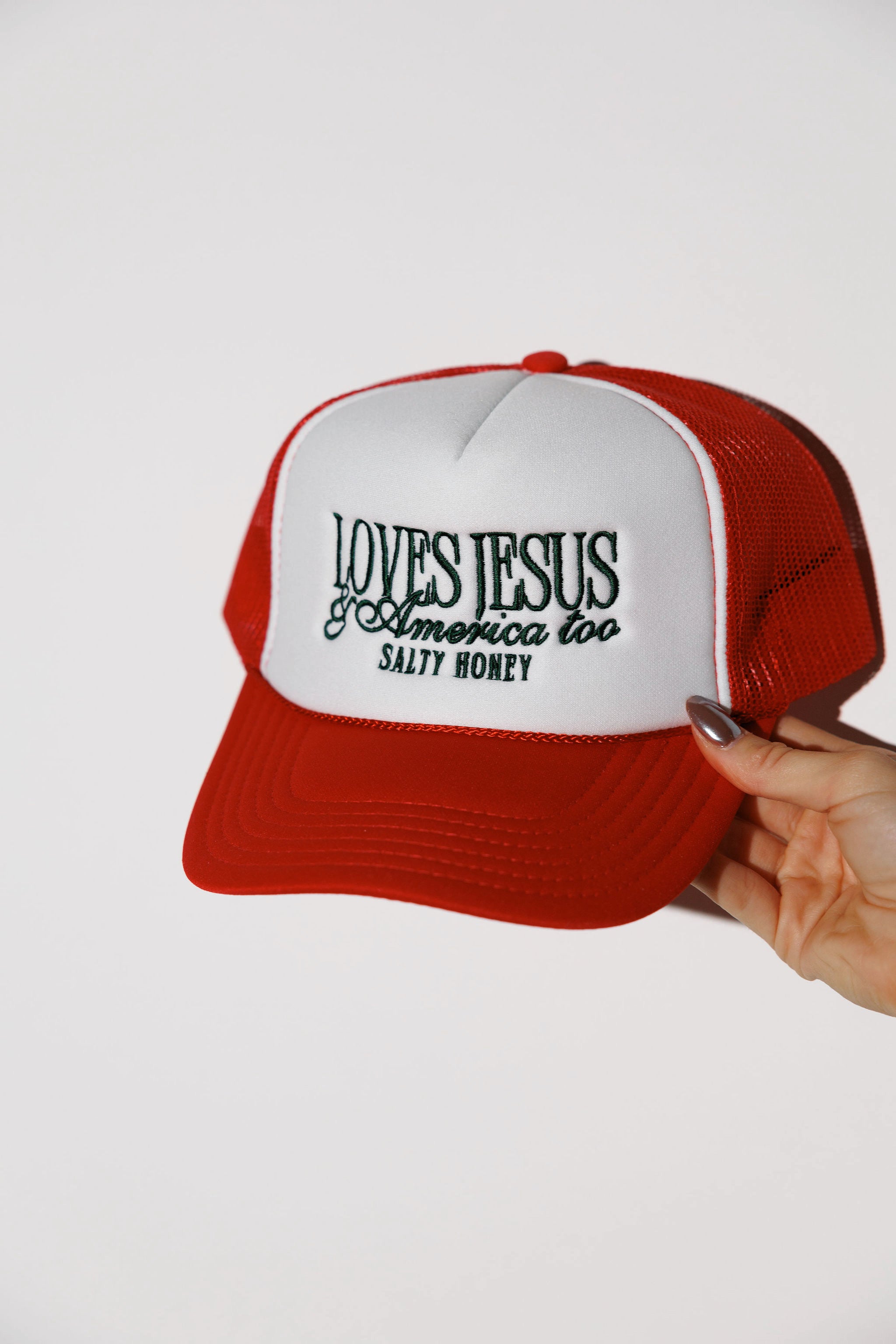 TRUCKER HAT: LOVES JESUS & AMERICA TOO