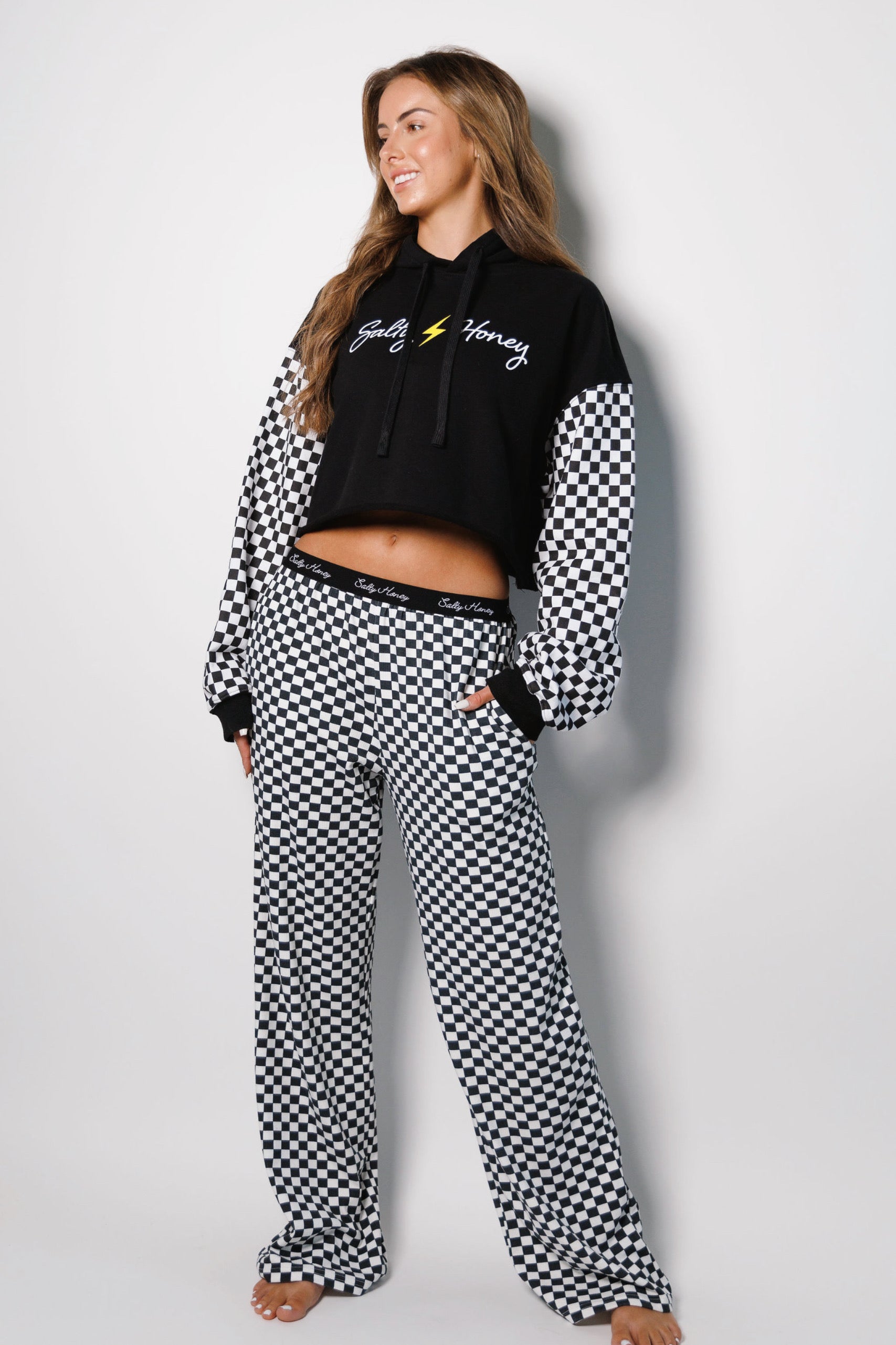 SOLACE CROP HOODIE in BLACK & CHECKERED