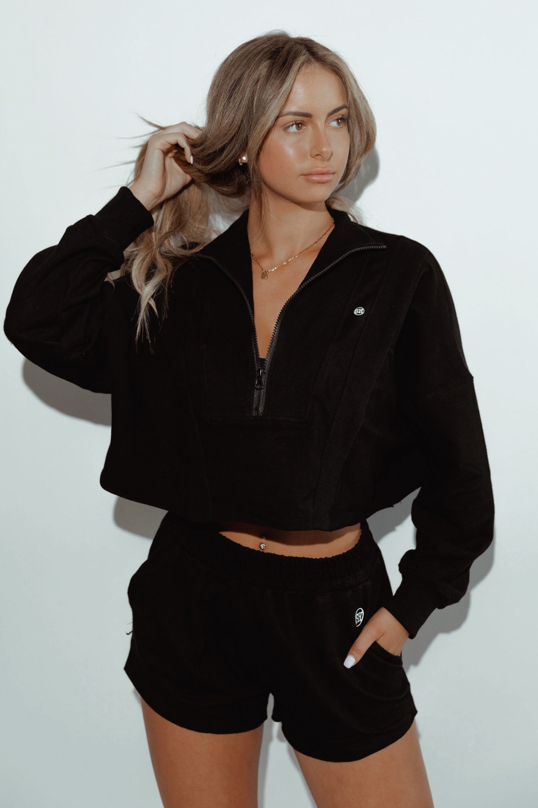 CONTENT CROPPED ZIP UP + SHORT SET in BLACK *S & M ONLY