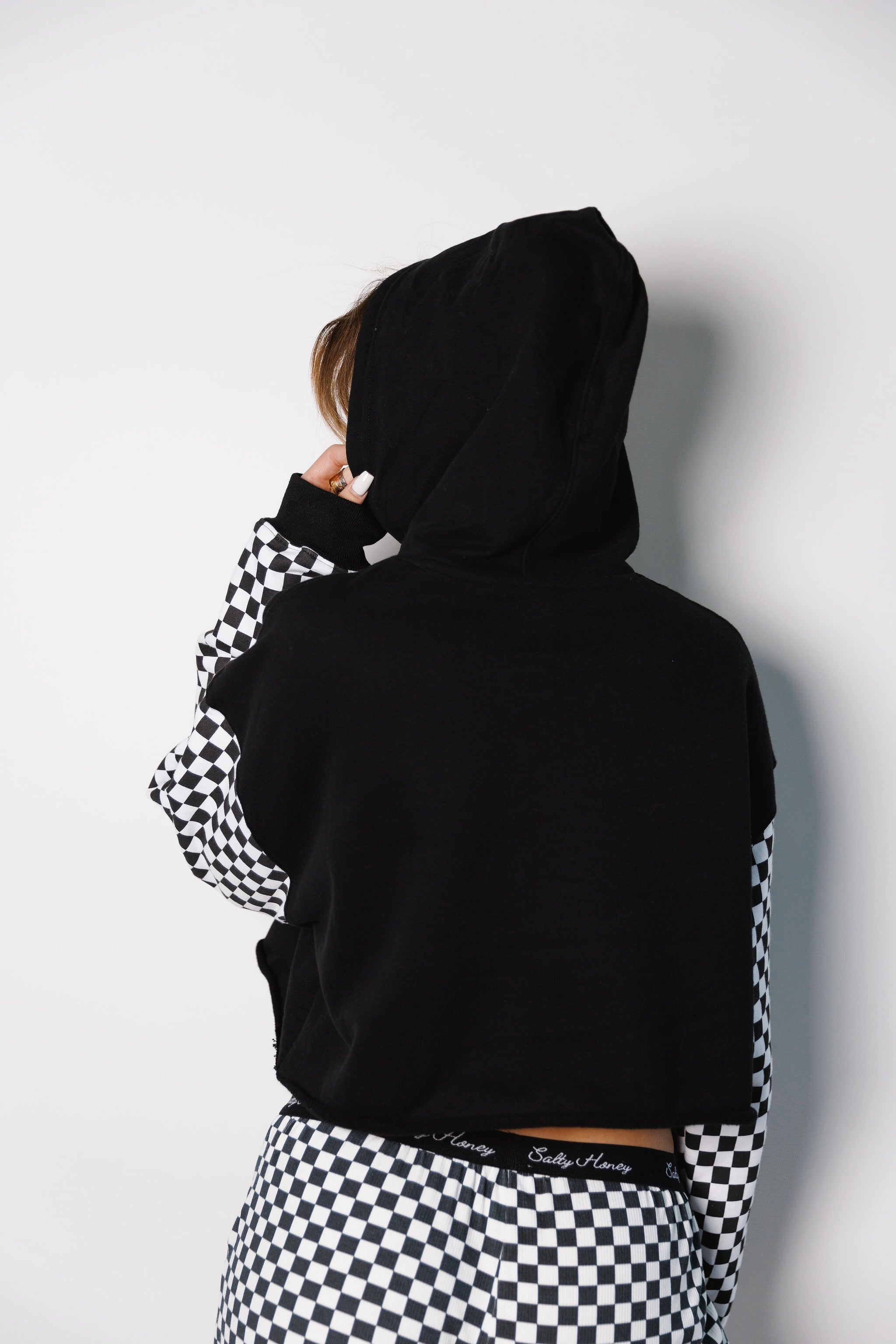 SOLACE CROP HOODIE in BLACK & CHECKERED